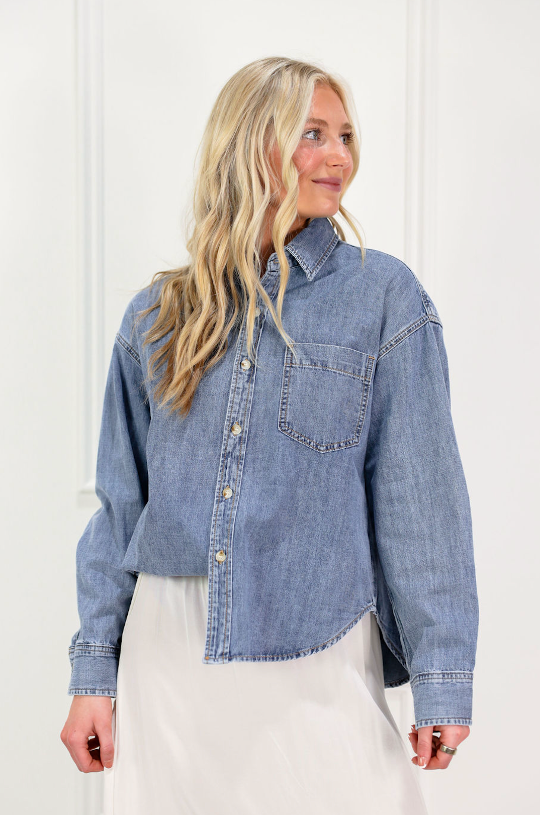 Washed Denim Button Down Top