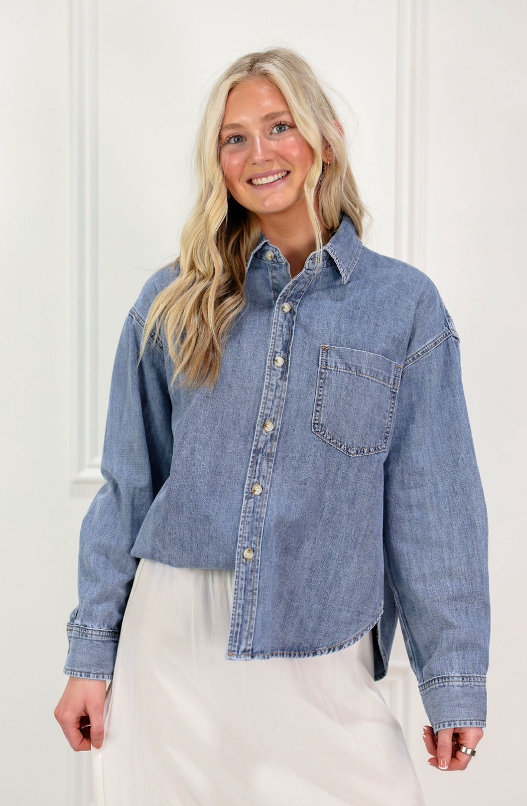 Washed Denim Button Down Top