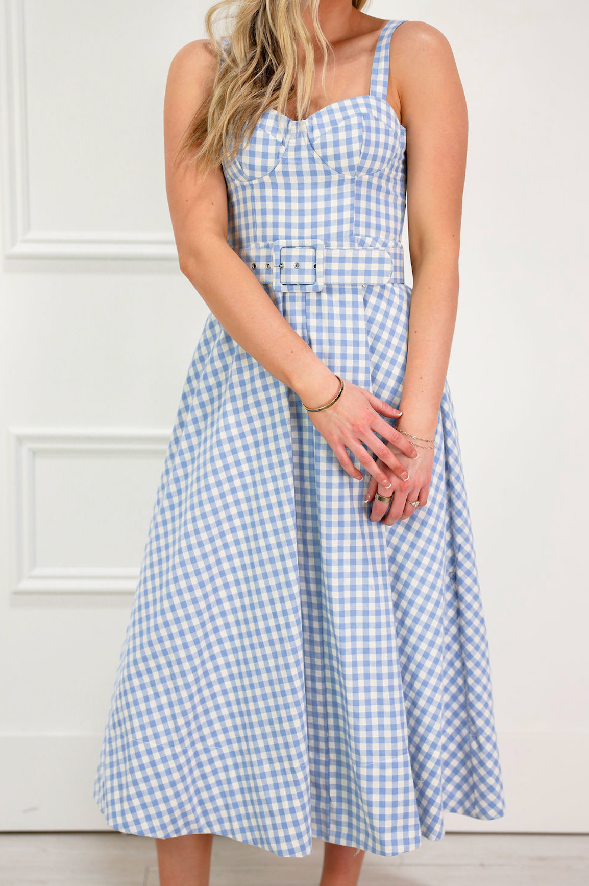 Gingham Checker Waist Belt Midi Dress Blue
