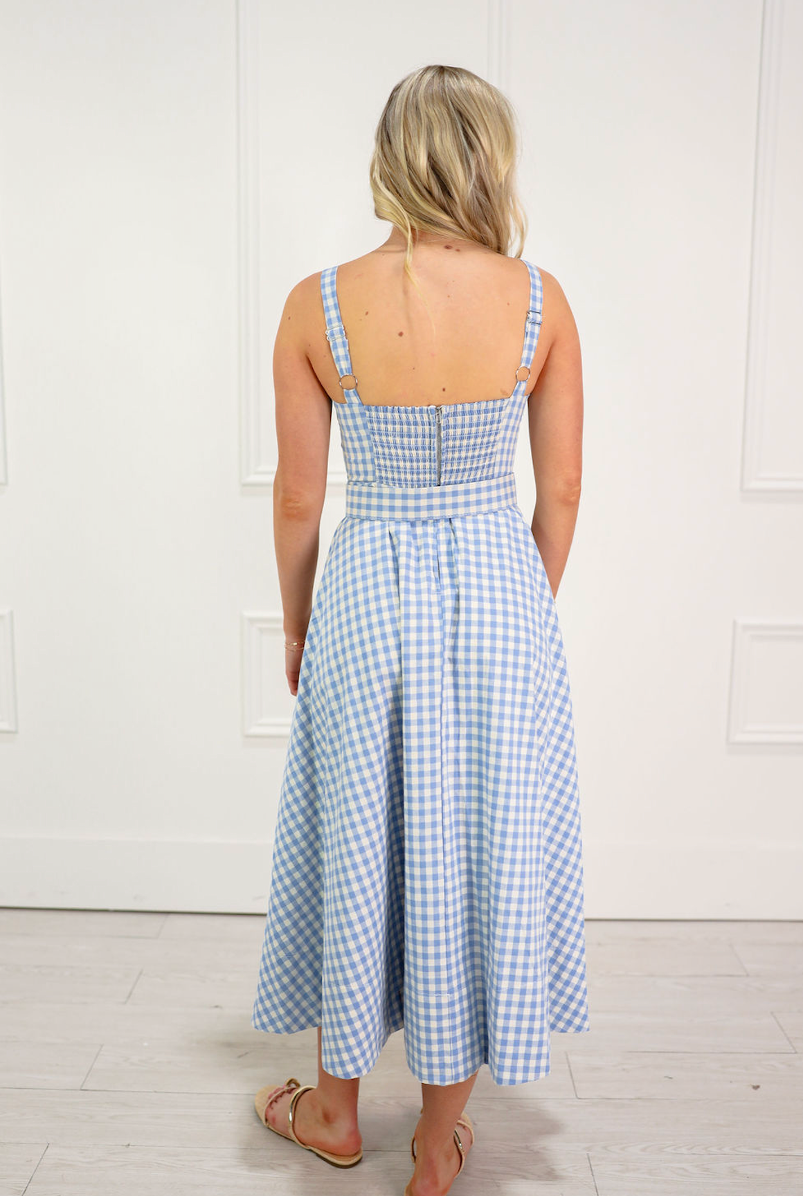 Gingham Checker Waist Belt Midi Dress Blue