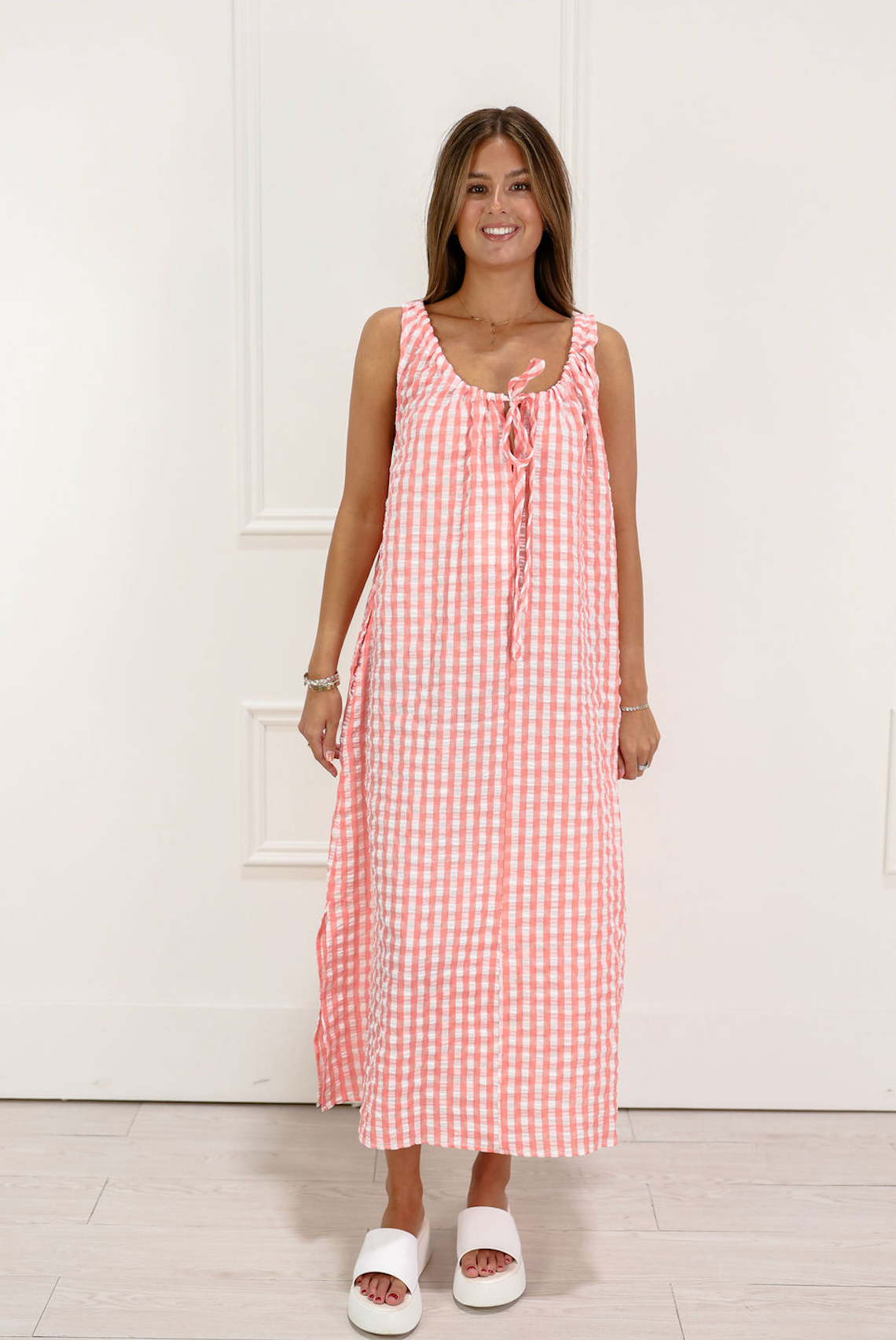 Coral/White Gingham Tie Maxi Dress