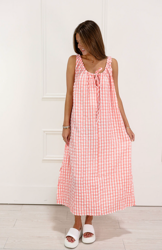 Coral/White Gingham Tie Maxi Dress