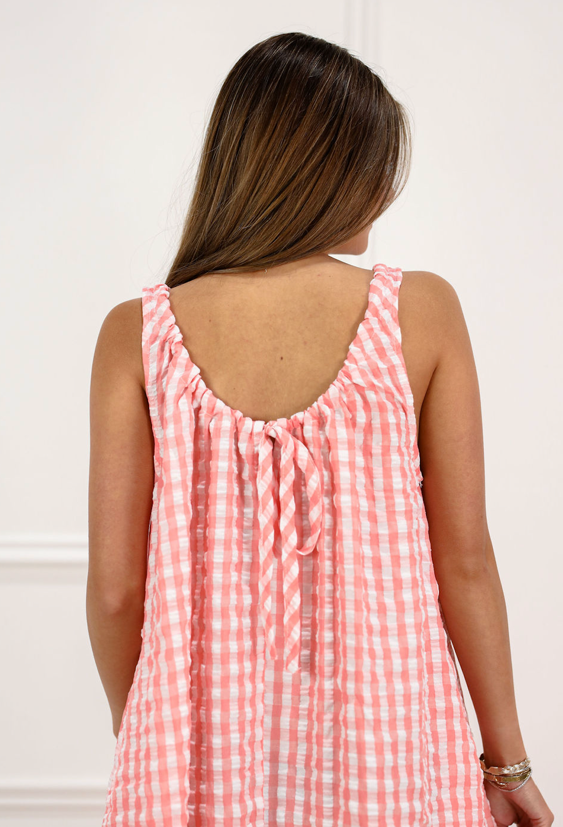 Coral/White Gingham Tie Maxi Dress