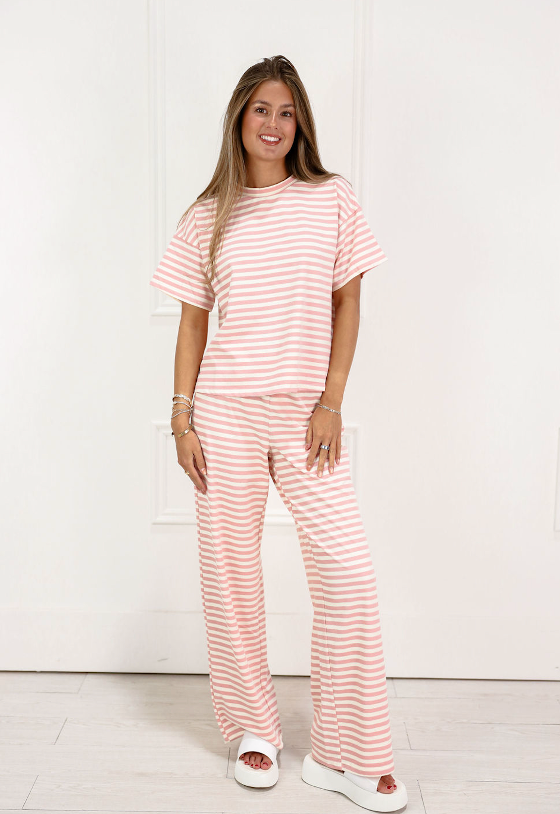 Pink Stripe Short Sleeve Top & Pants Set of 2