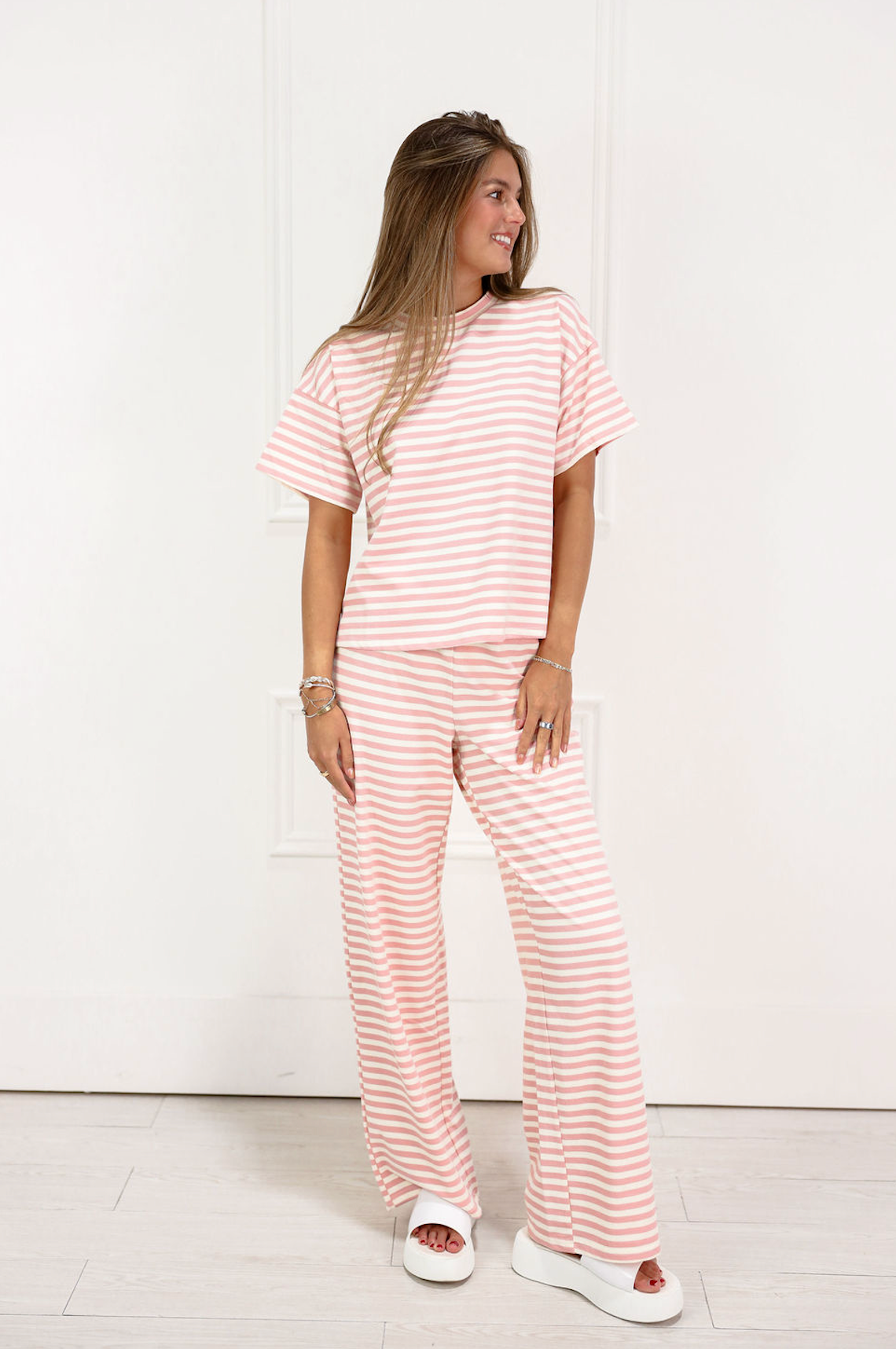 Pink Stripe Short Sleeve Top & Pants Set of 2