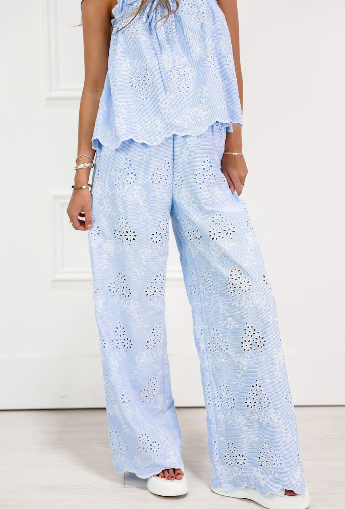 Blue Striped Eyelet Top & Pants Set of 2