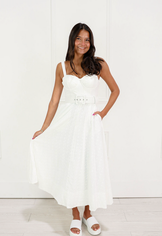 White Eyelet Sweetheart Belted Dress