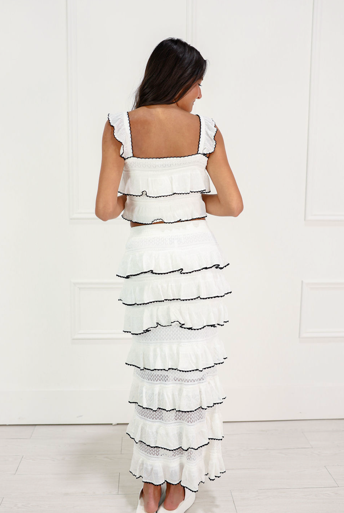 Cream Tiered Ruffled Knit Top & Skirt Set of 2