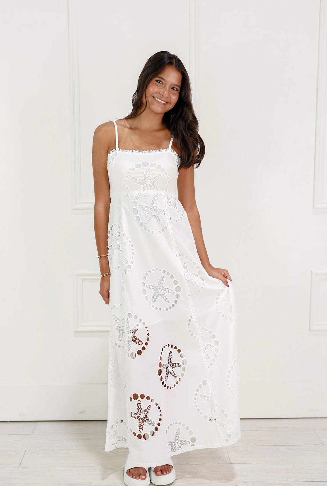 Embroidered Starfish Maxi Dress White