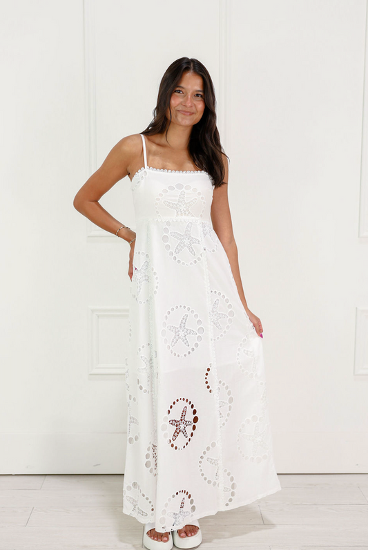Embroidered Starfish Maxi Dress White
