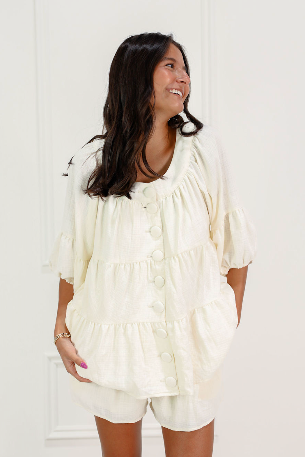Buttons Tiered Top & Shorts Set of 2 Cream