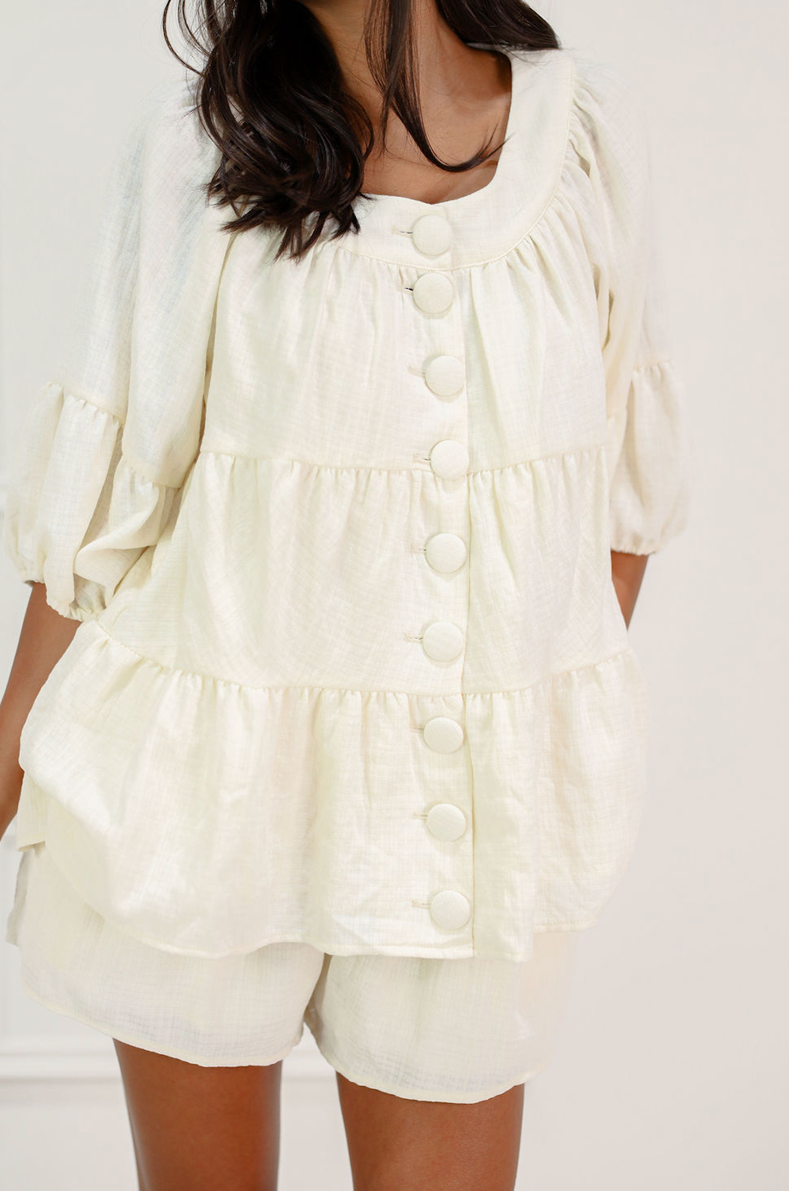 Buttons Tiered Top & Shorts Set of 2 Cream