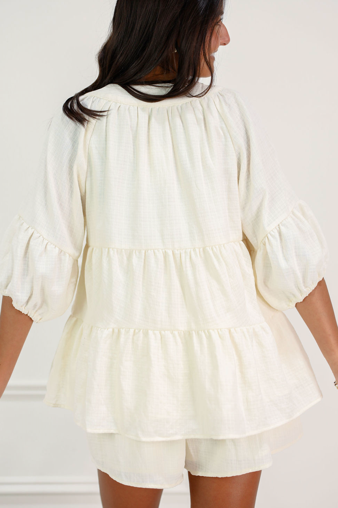 Buttons Tiered Top & Shorts Set of 2 Cream