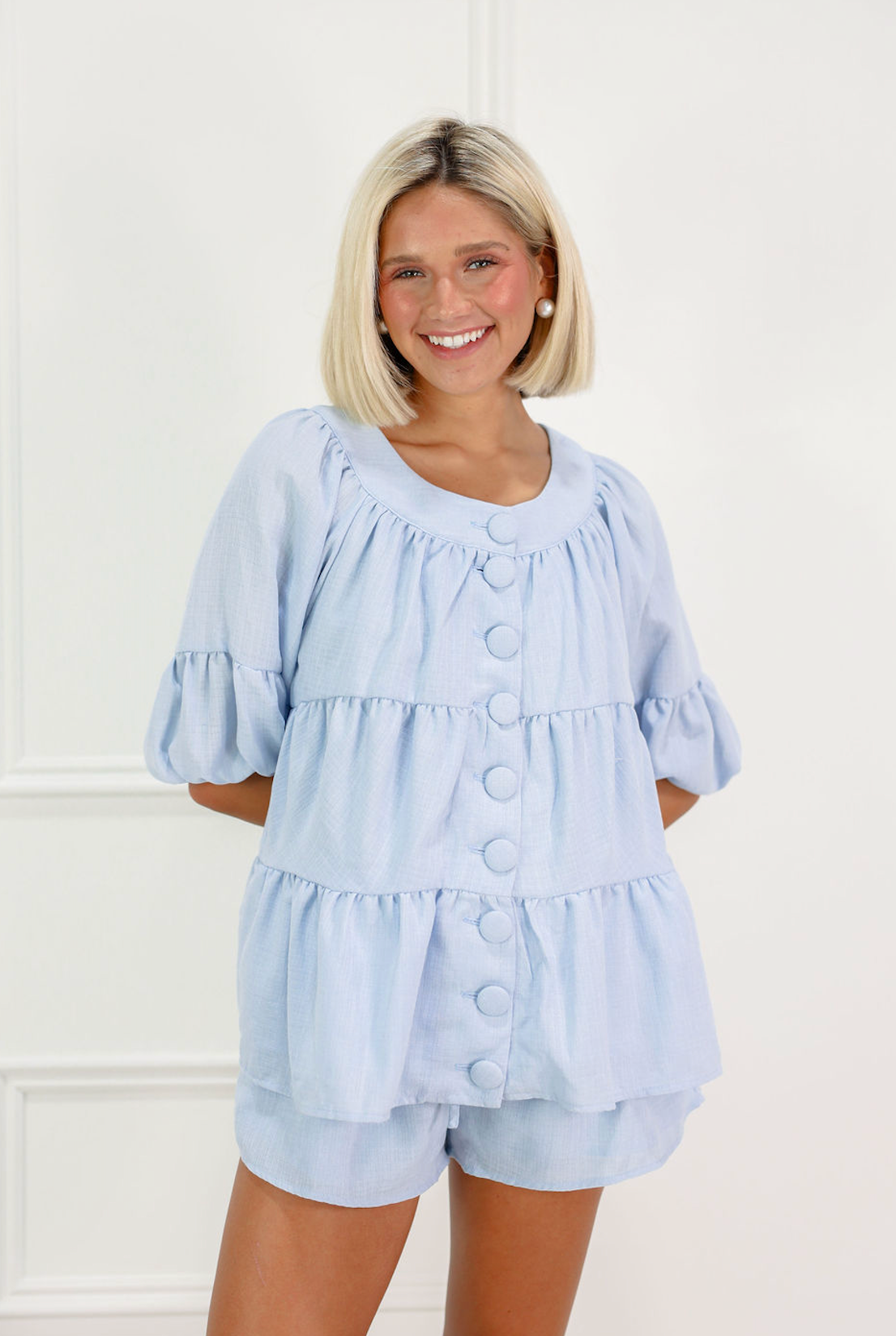 Buttons Tiered Top & Shorts Set of 2 Blue