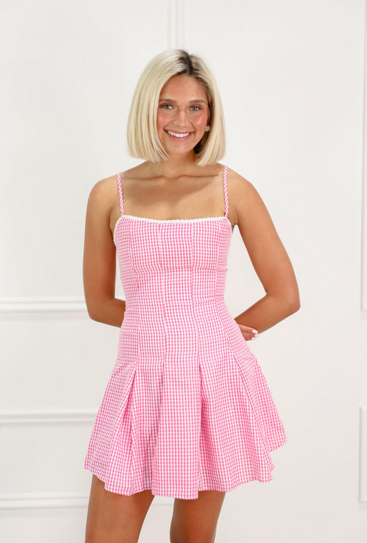 Gingham w/ Lace Dress Pink