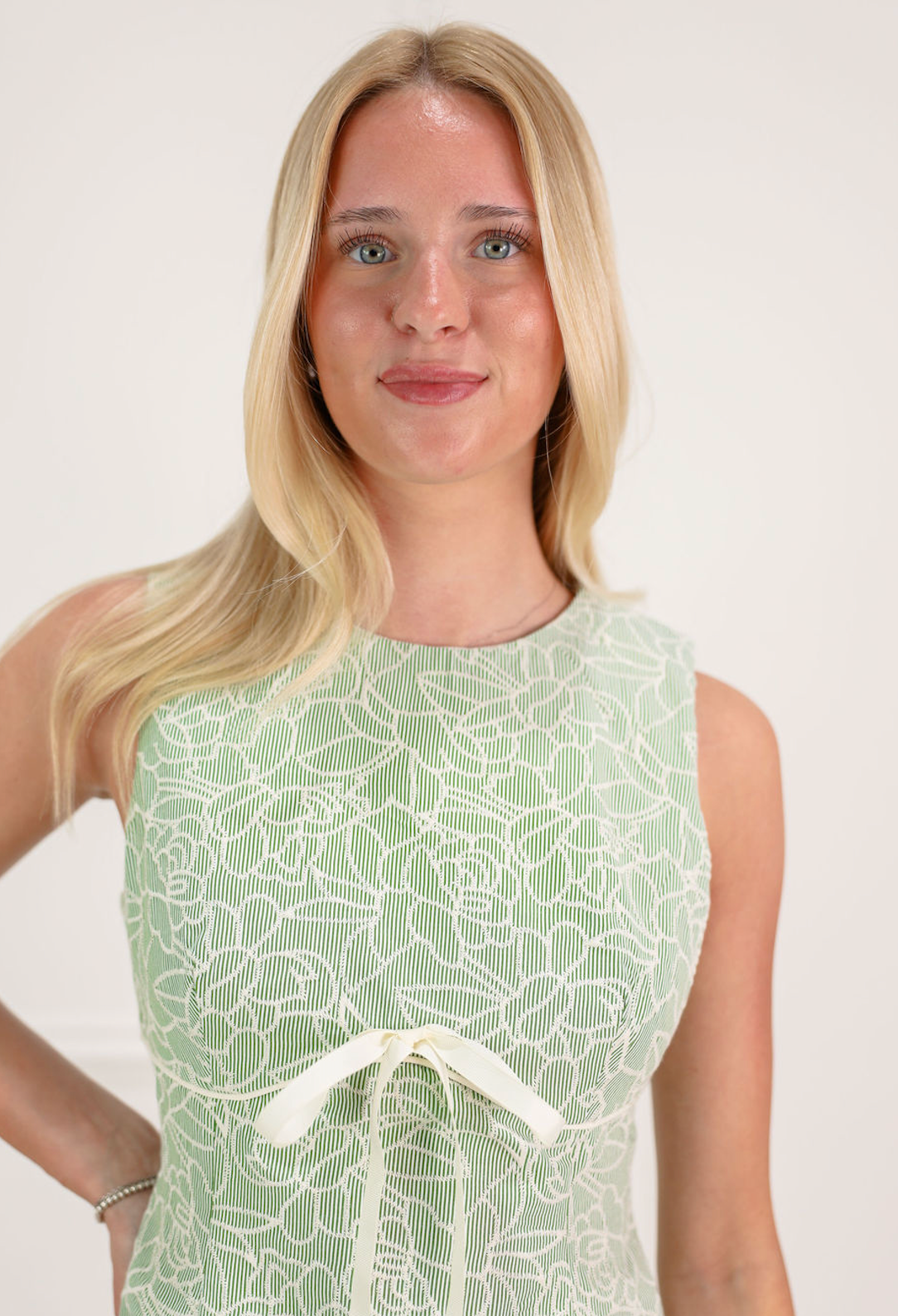 Tonal Embroidery Bow Dress Sage