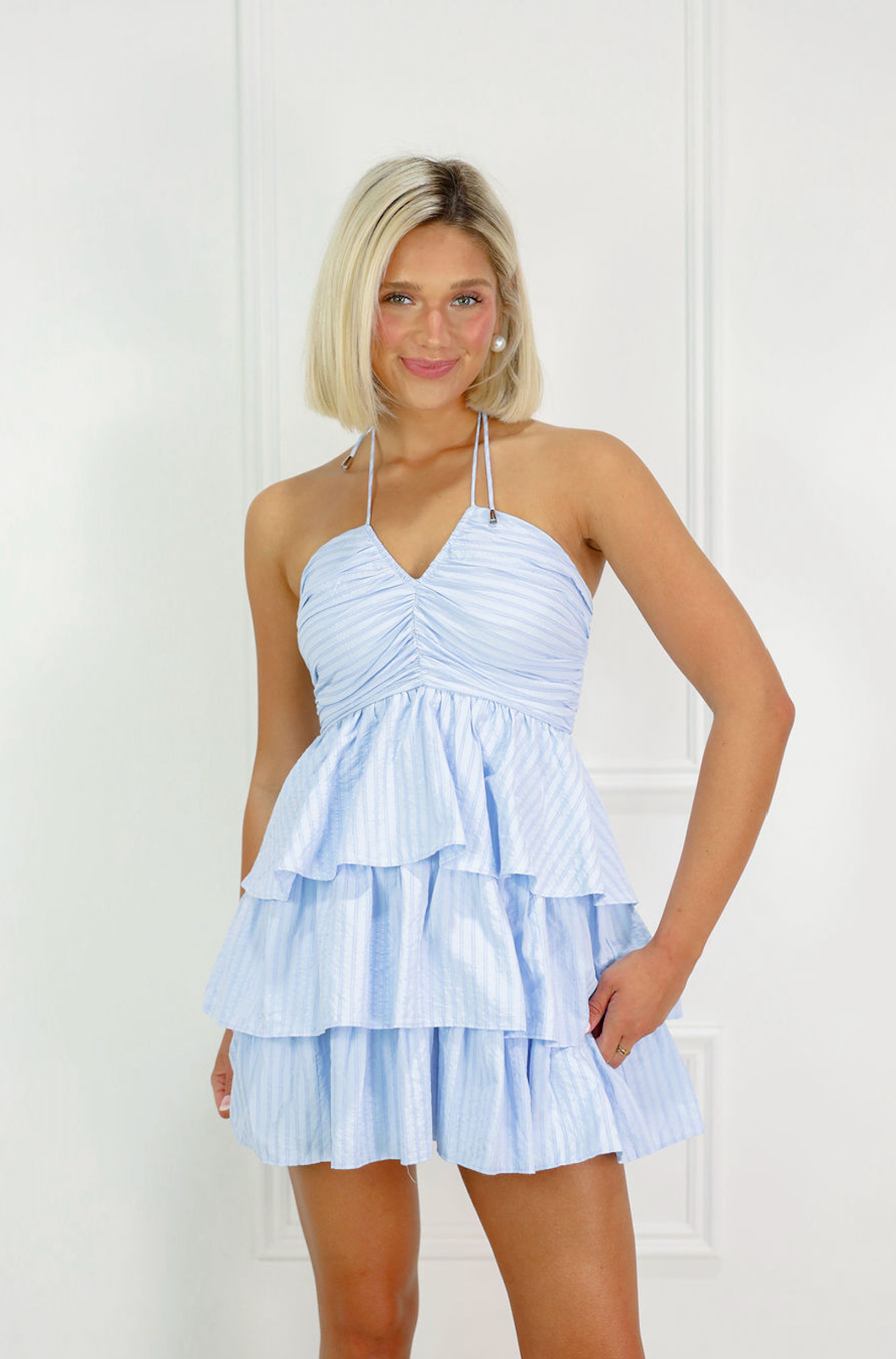 Tiered Ruffle Halter Dress Blue