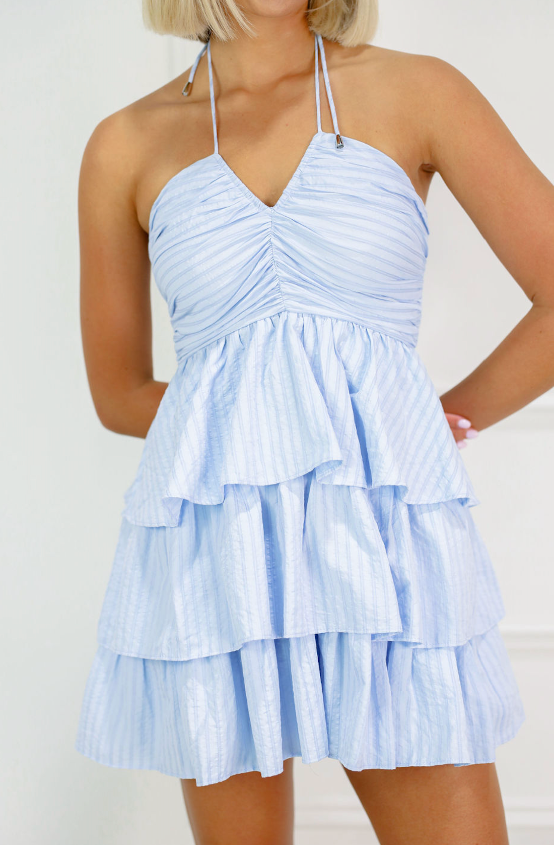 Tiered Ruffle Halter Dress Blue