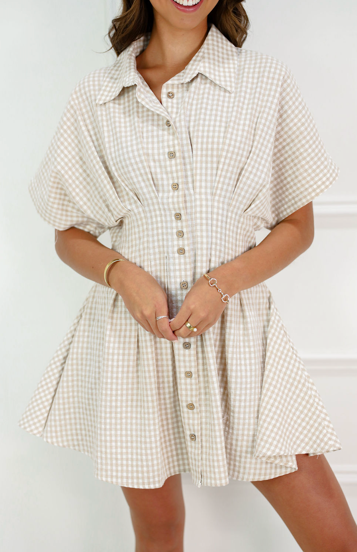 Gingham Collared Dress Beige