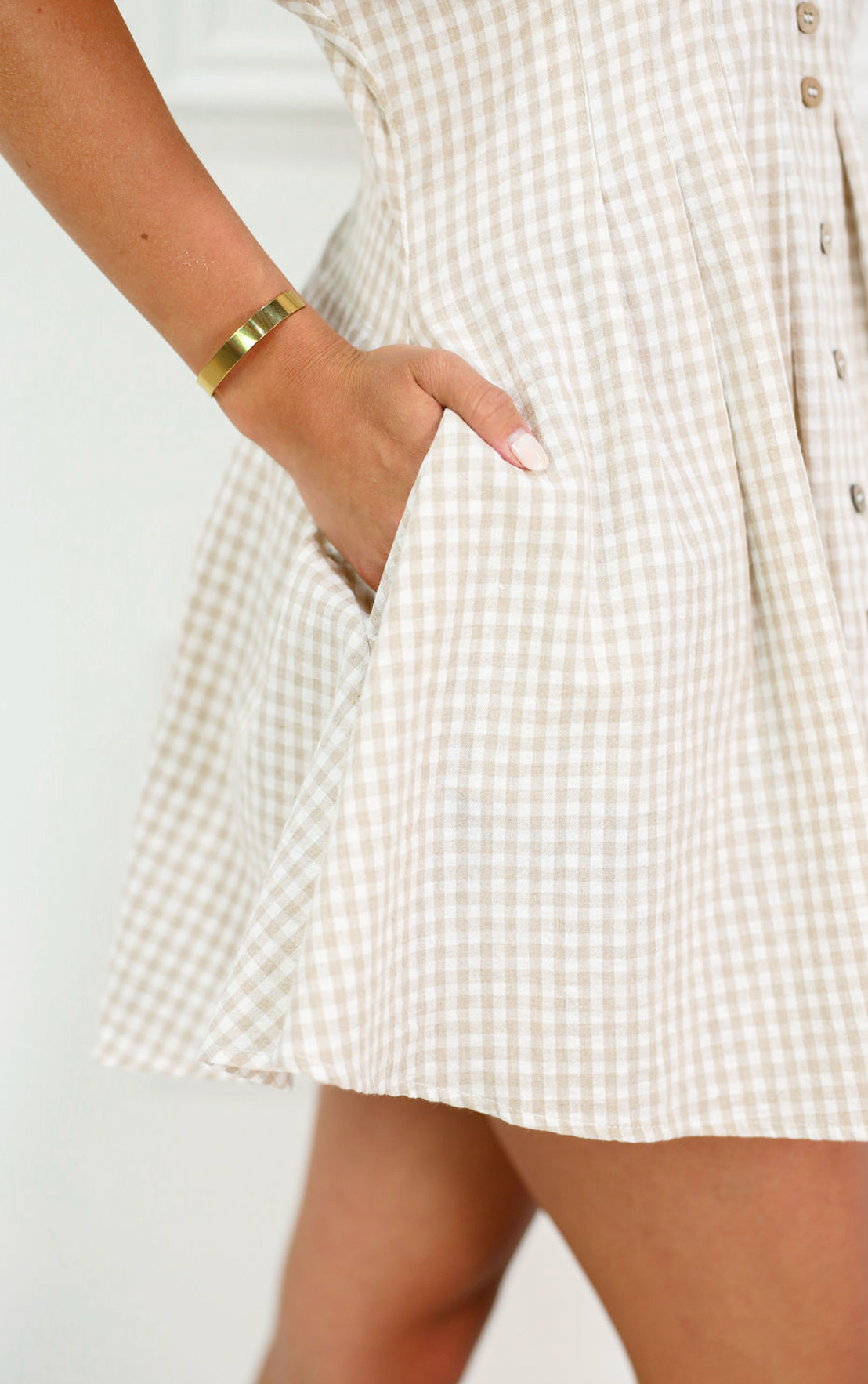 Gingham Collared Dress Beige