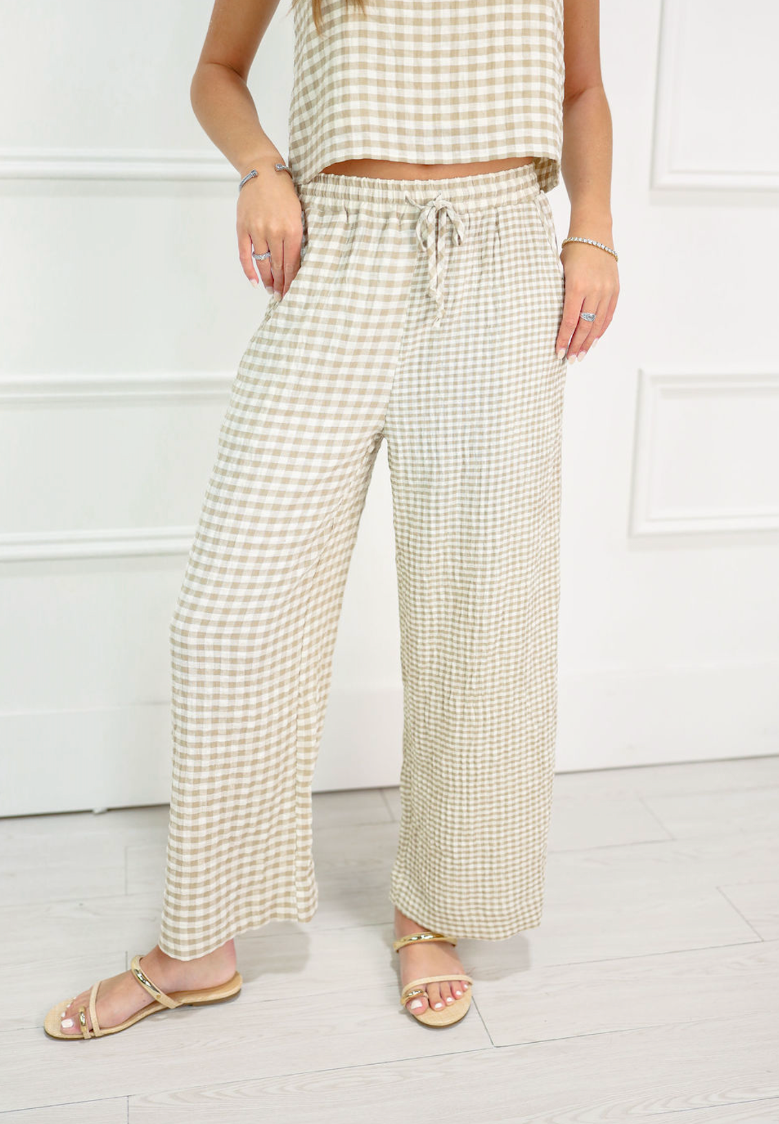 Mixed Gingham Drawstring Pants Tan