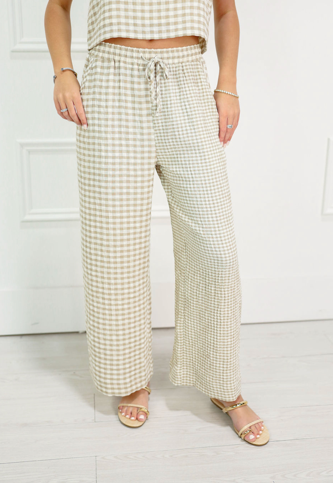 Mixed Gingham Drawstring Pants Tan