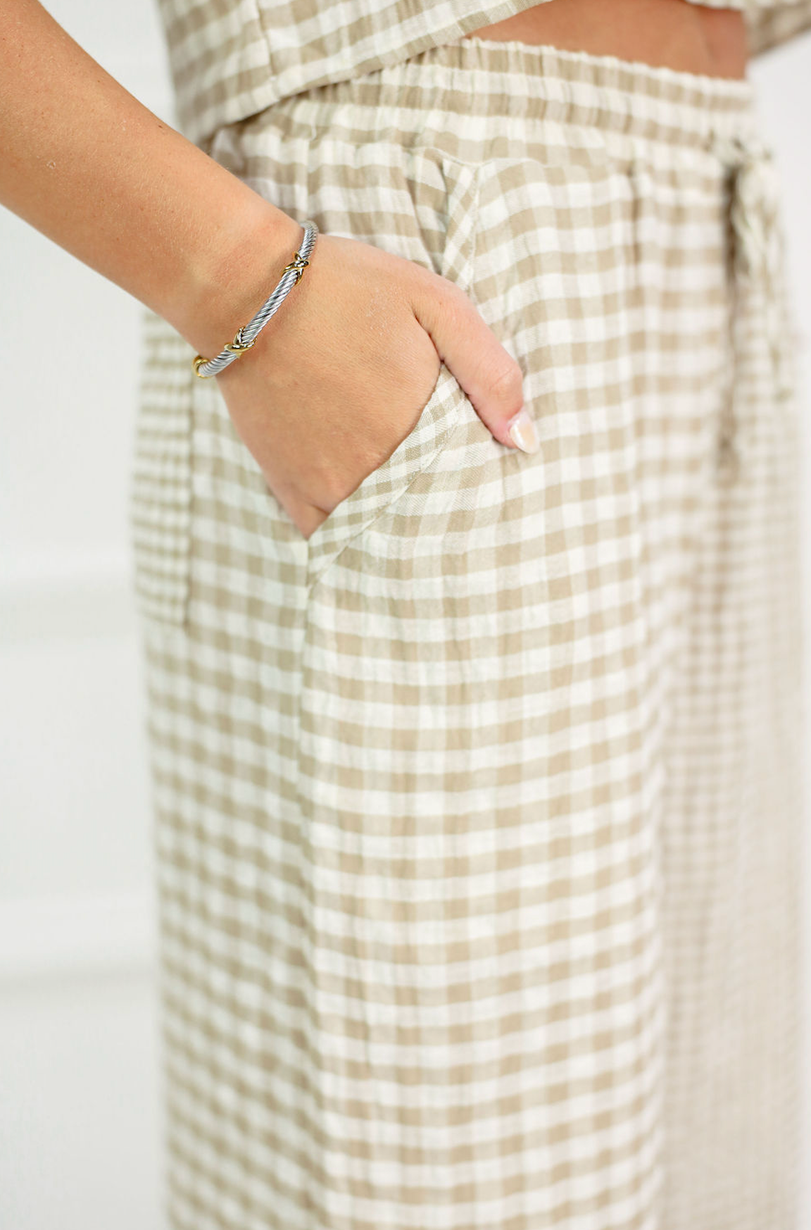 Mixed Gingham Drawstring Pants Tan