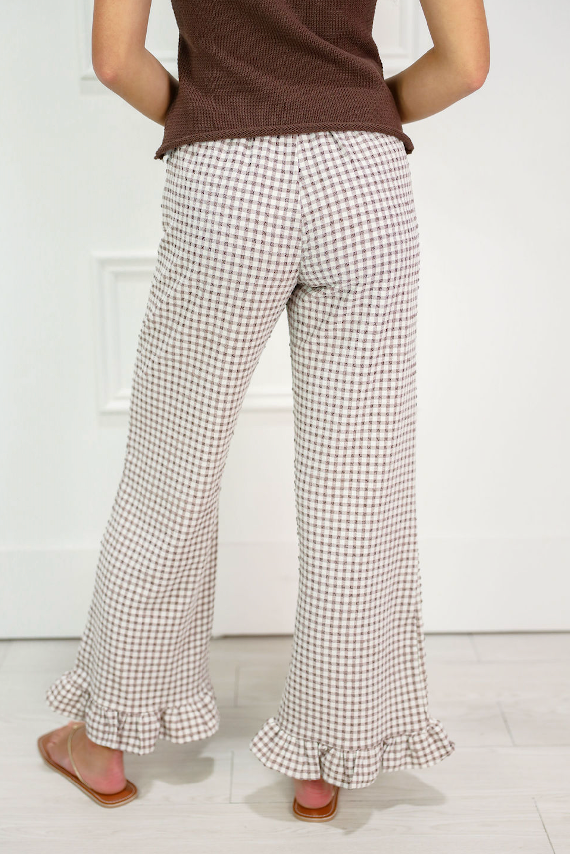Brown Gingham Pants w/ Ruffle