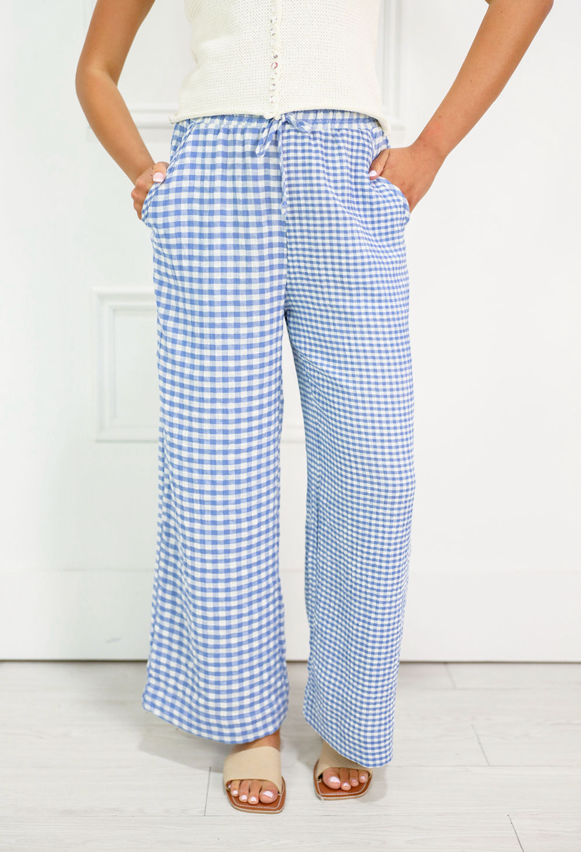 Mixed Gingham Drawstring Pants Blue