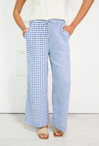 Mixed Gingham Drawstring Pants Blue
