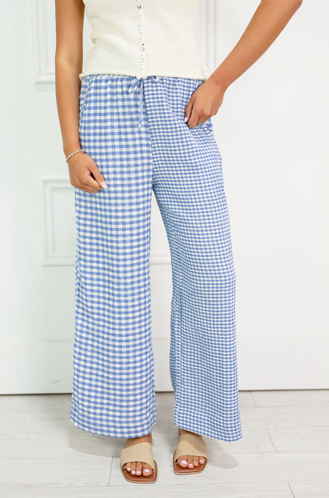 Mixed Gingham Drawstring Pants Blue