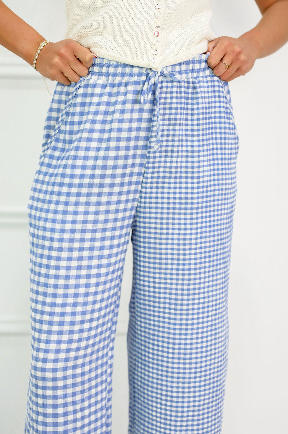 Mixed Gingham Drawstring Pants Blue
