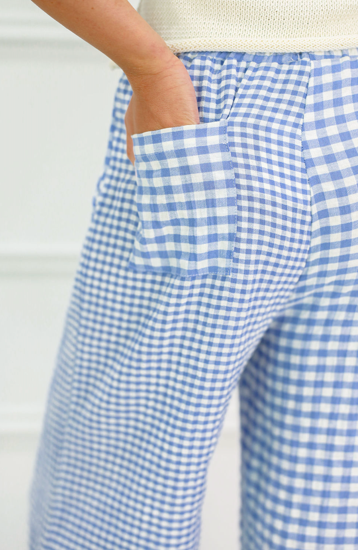 Mixed Gingham Drawstring Pants Blue