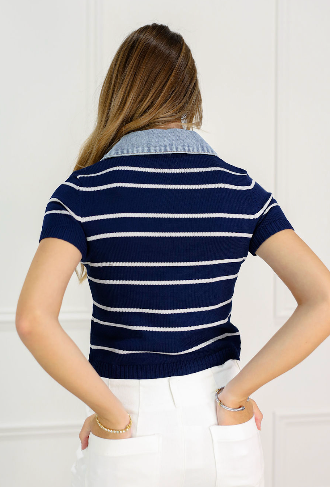 Shyla Stripe Collared Knit Top Navy