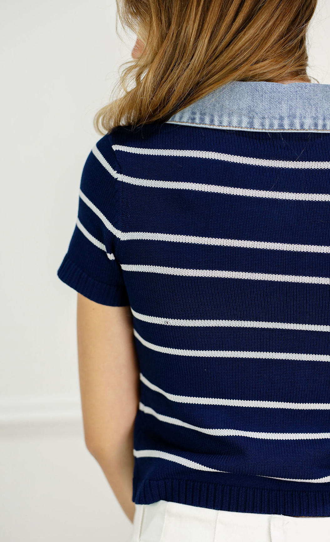 Shyla Stripe Collared Knit Top Navy