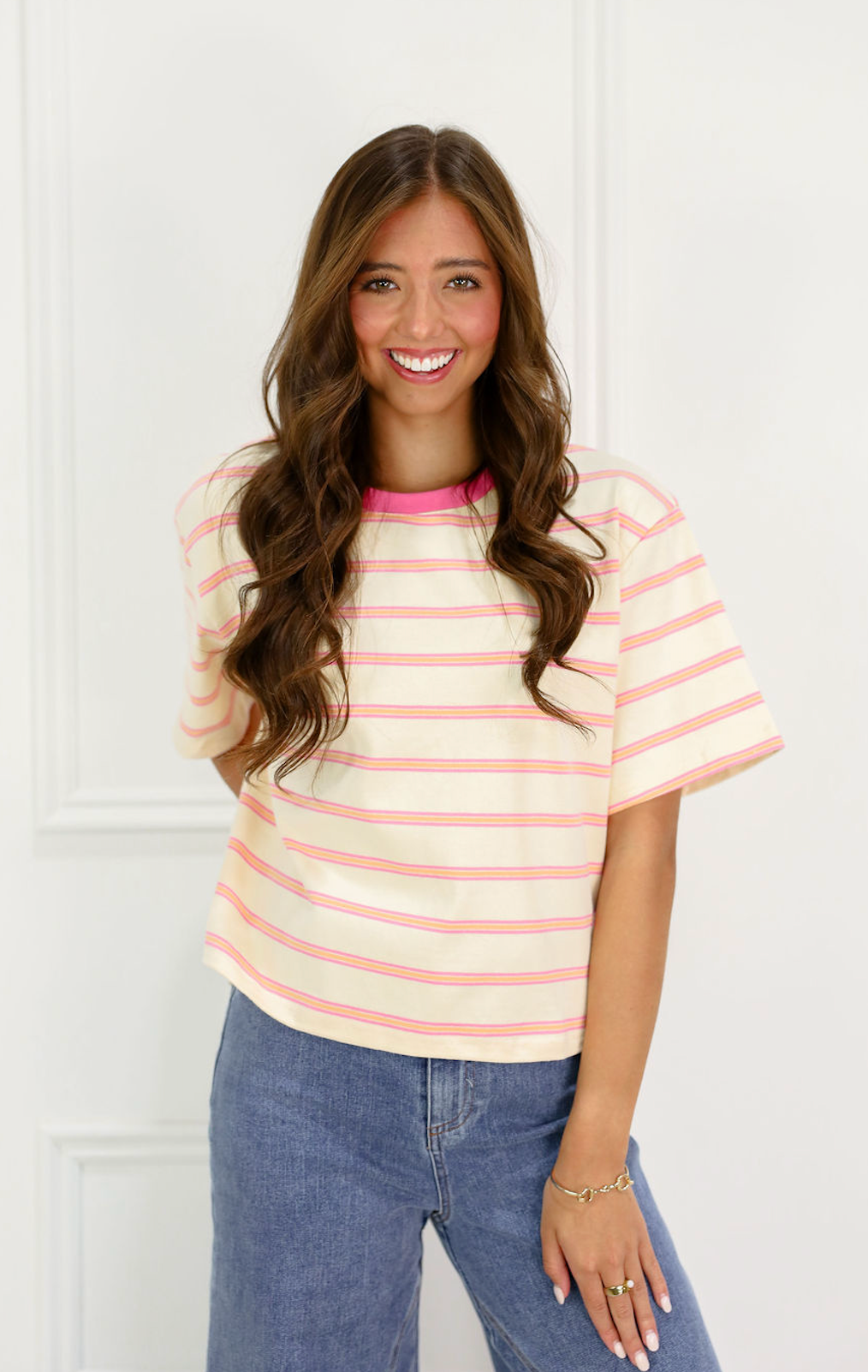 Striped Boxy T-shirt Pink/White