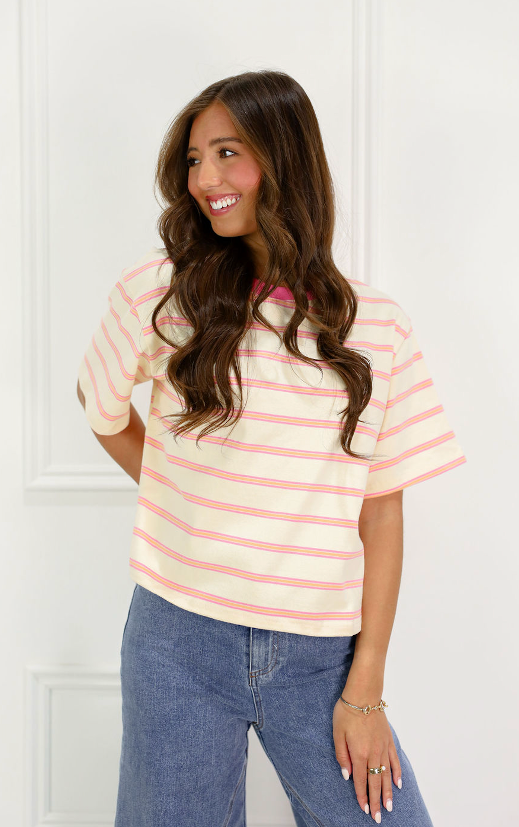 Striped Boxy T-shirt Pink/White