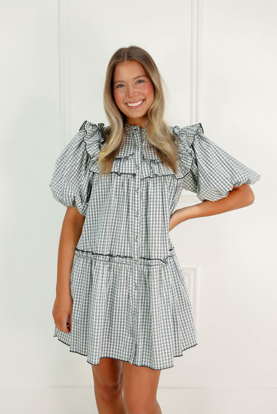 Babydoll Gingham Ruffle Trim Dress