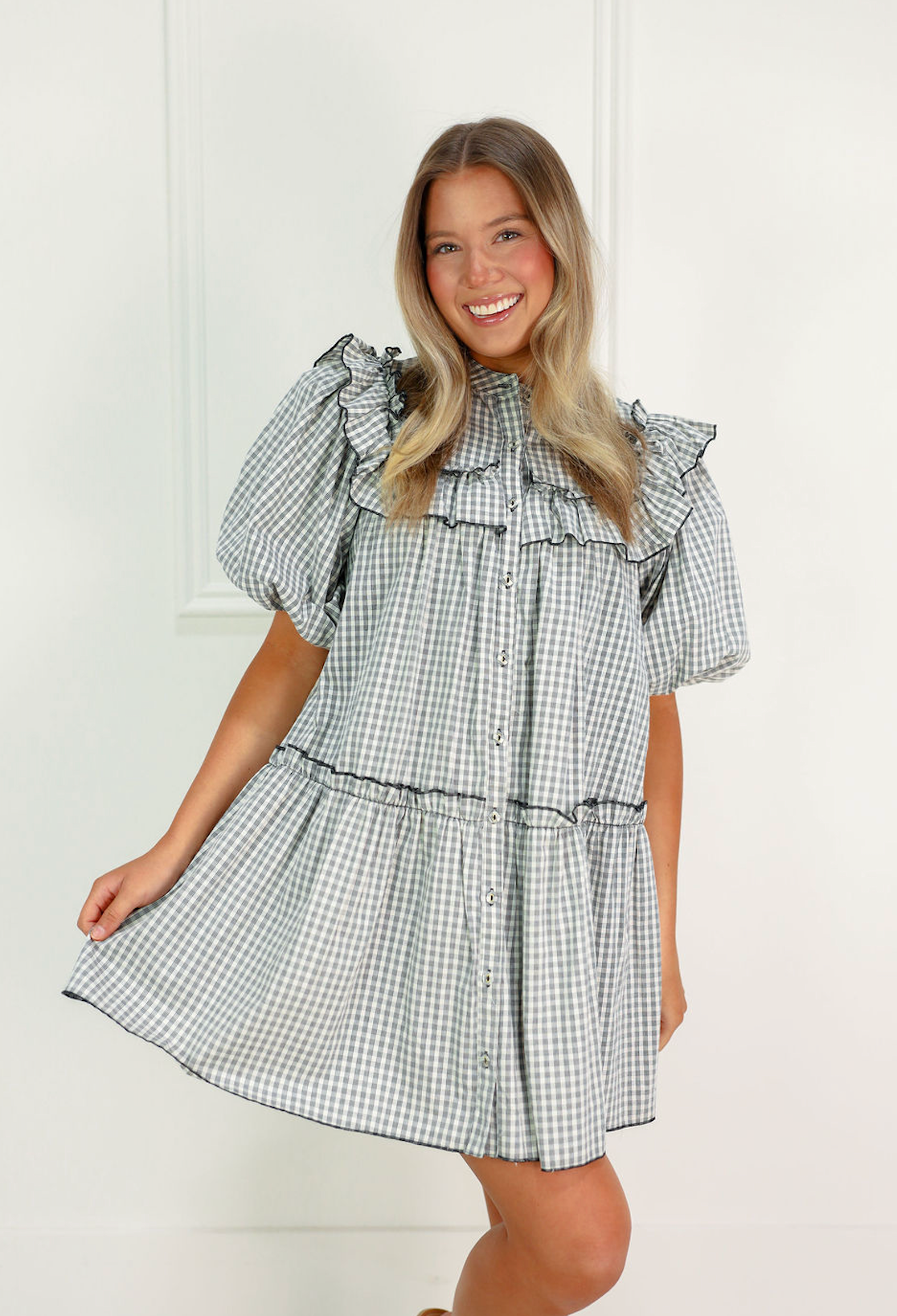 Babydoll Gingham Ruffle Trim Dress