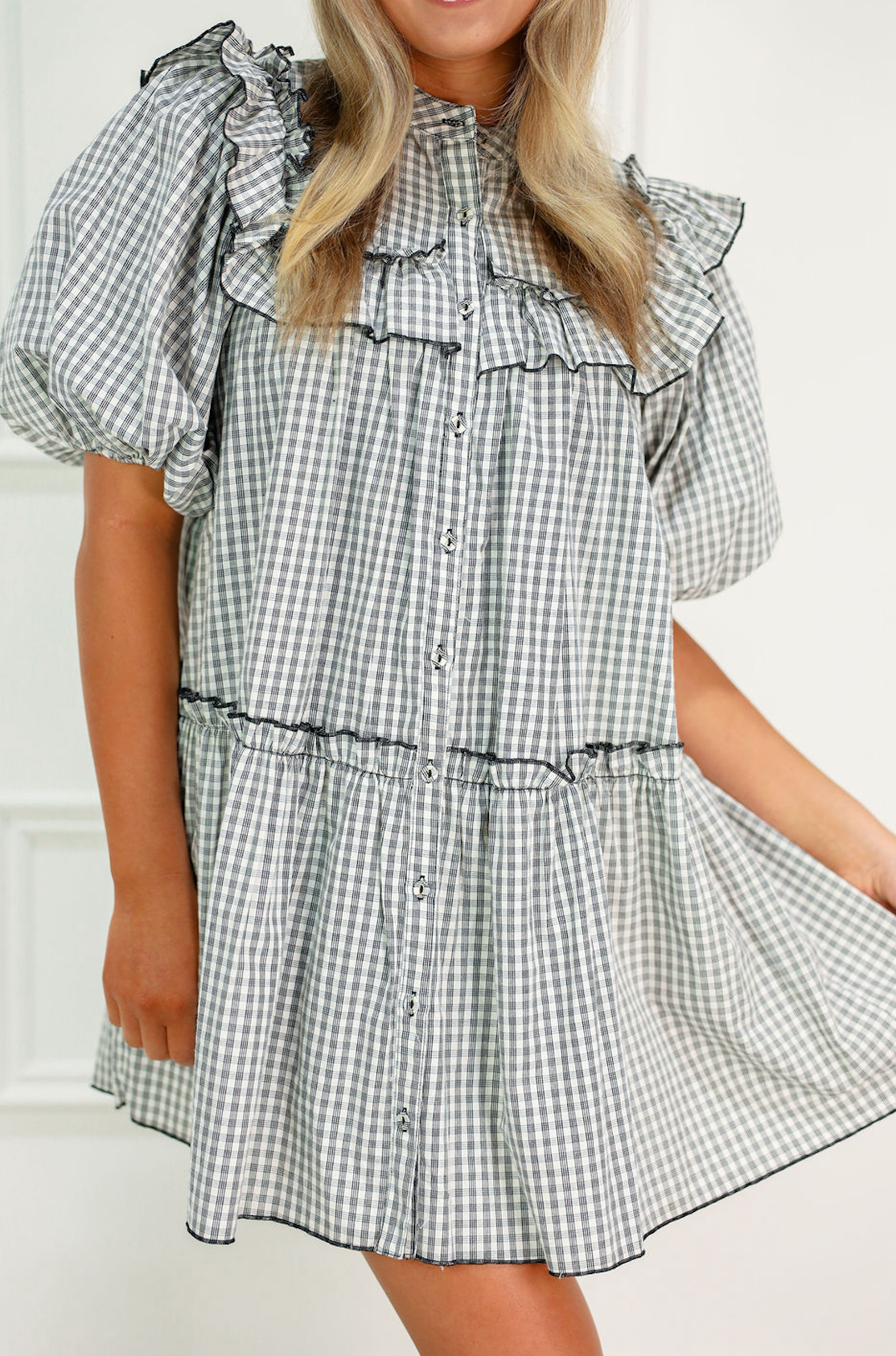 Babydoll Gingham Ruffle Trim Dress