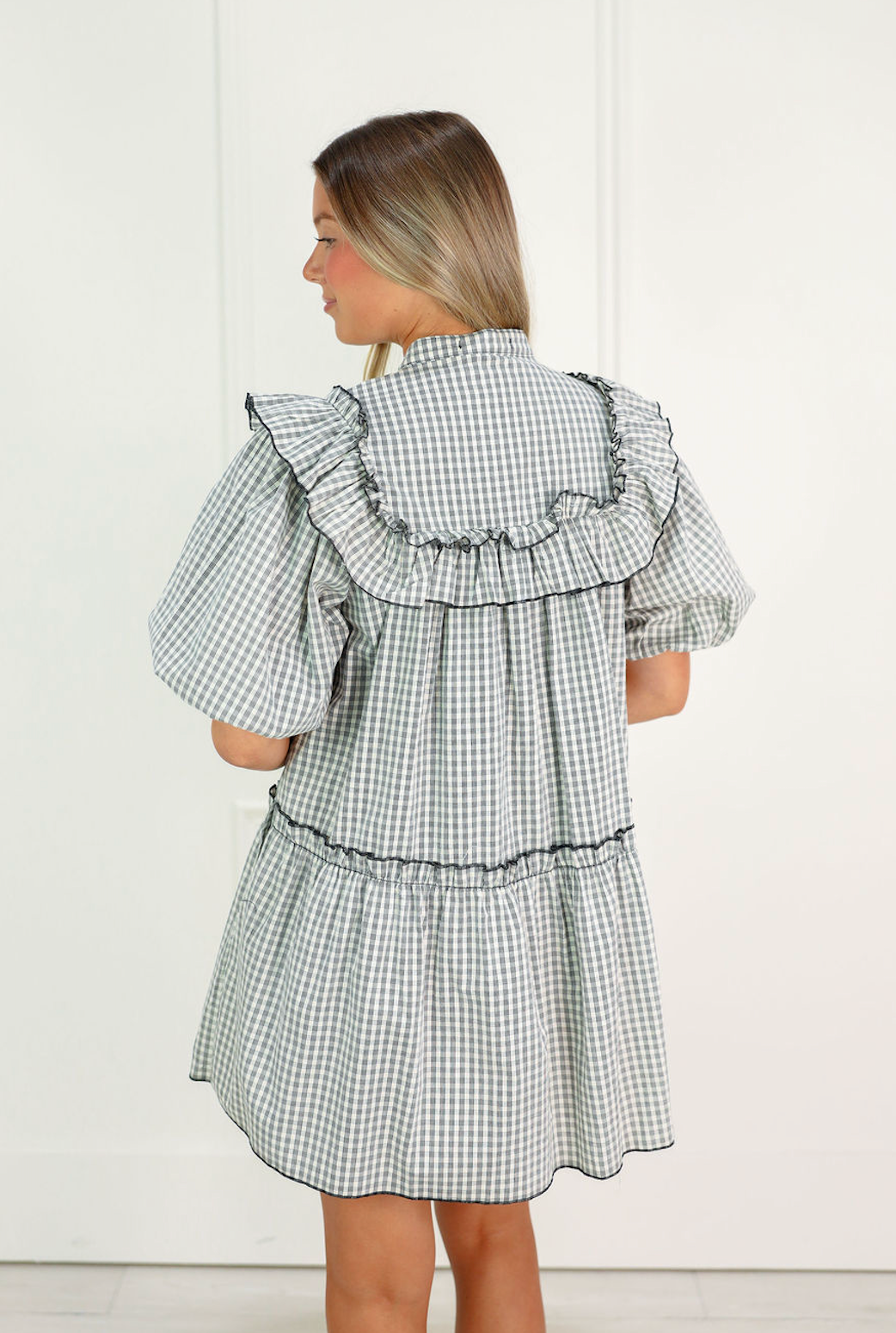 Babydoll Gingham Ruffle Trim Dress