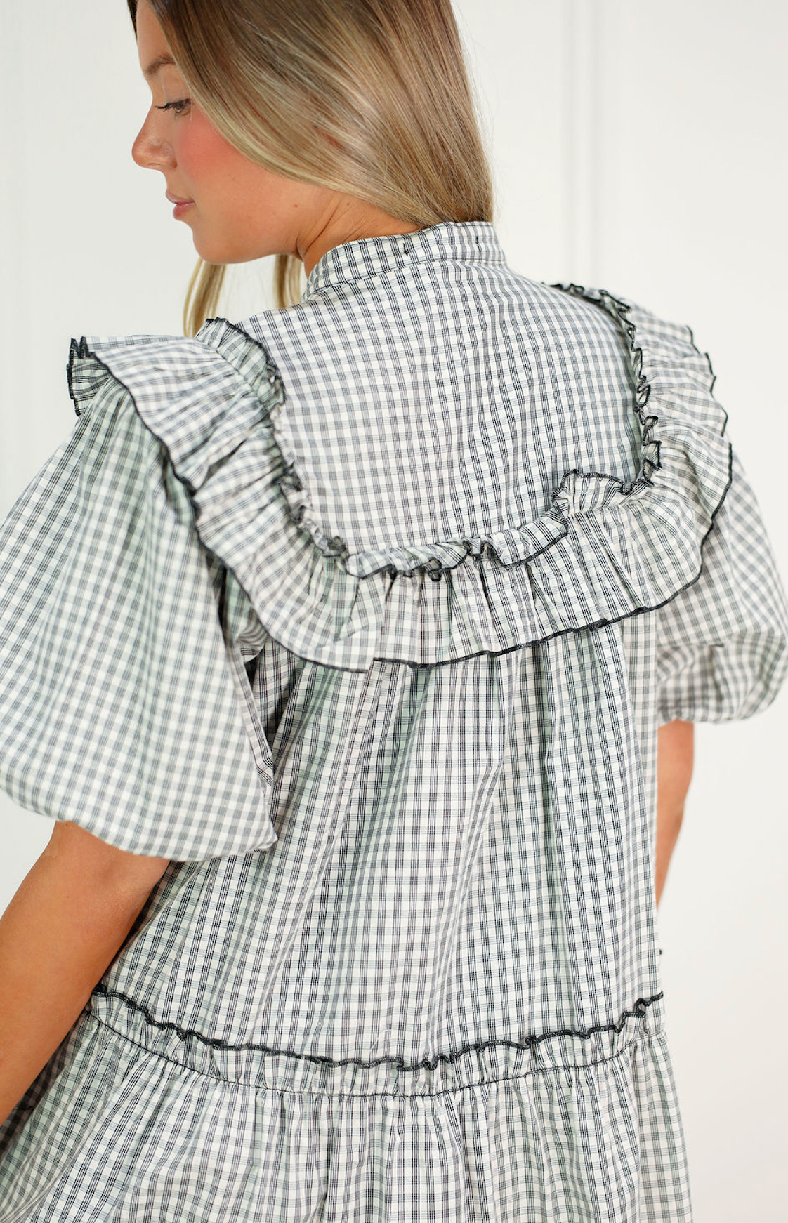 Babydoll Gingham Ruffle Trim Dress