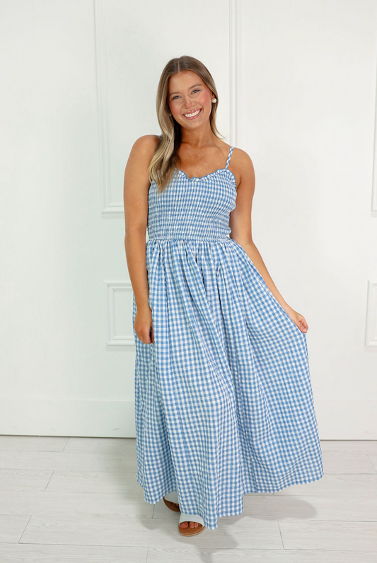 Blue Smocked Gingham Midi Dress