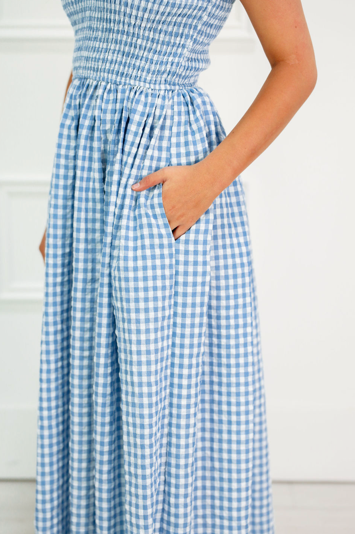 Blue Smocked Gingham Midi Dress