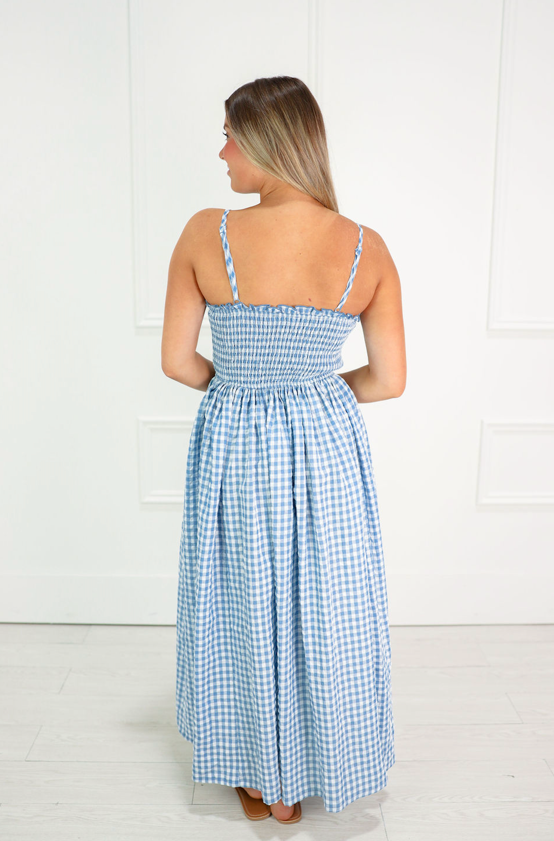 Blue Smocked Gingham Midi Dress