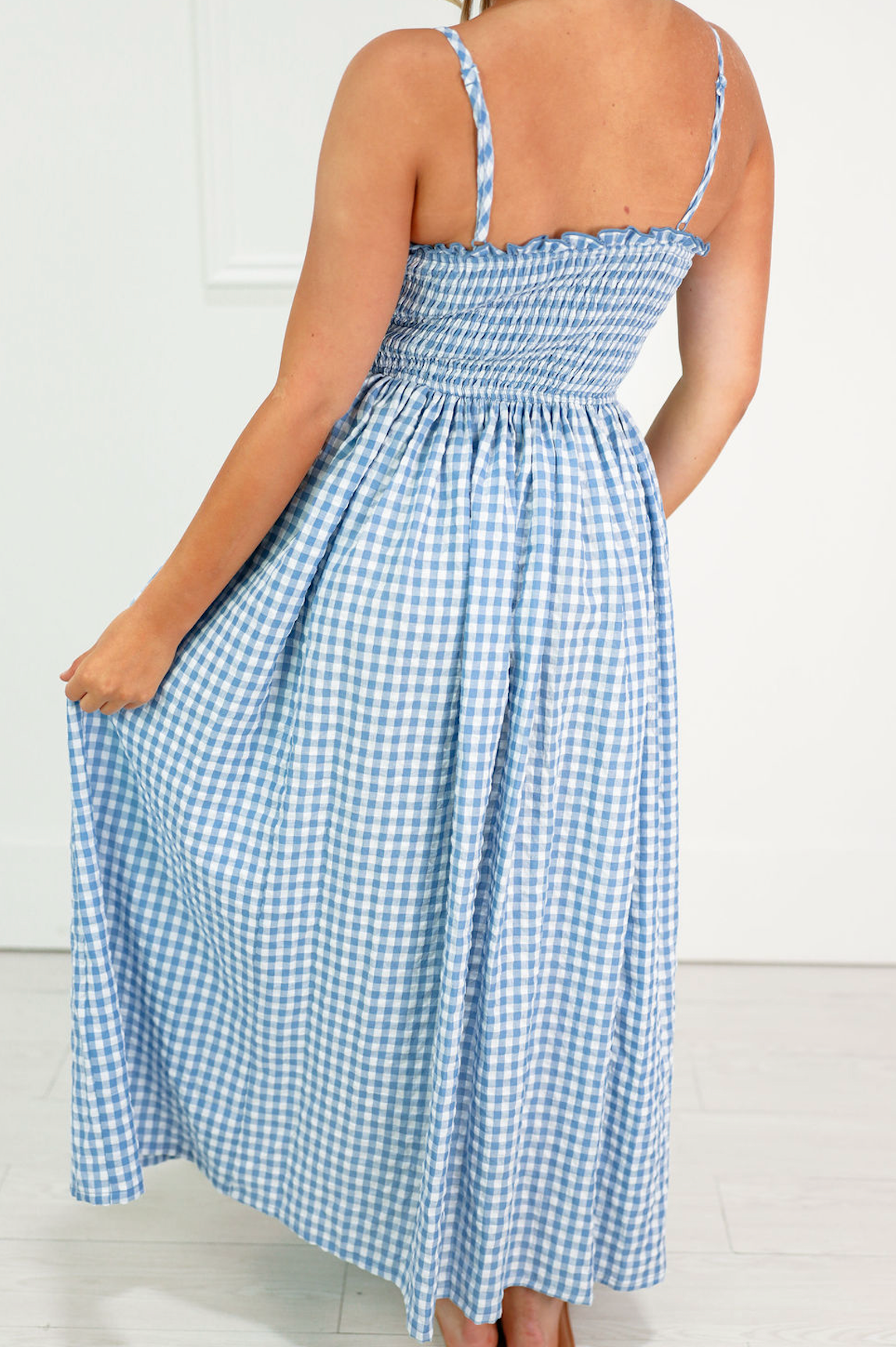 Blue Smocked Gingham Midi Dress