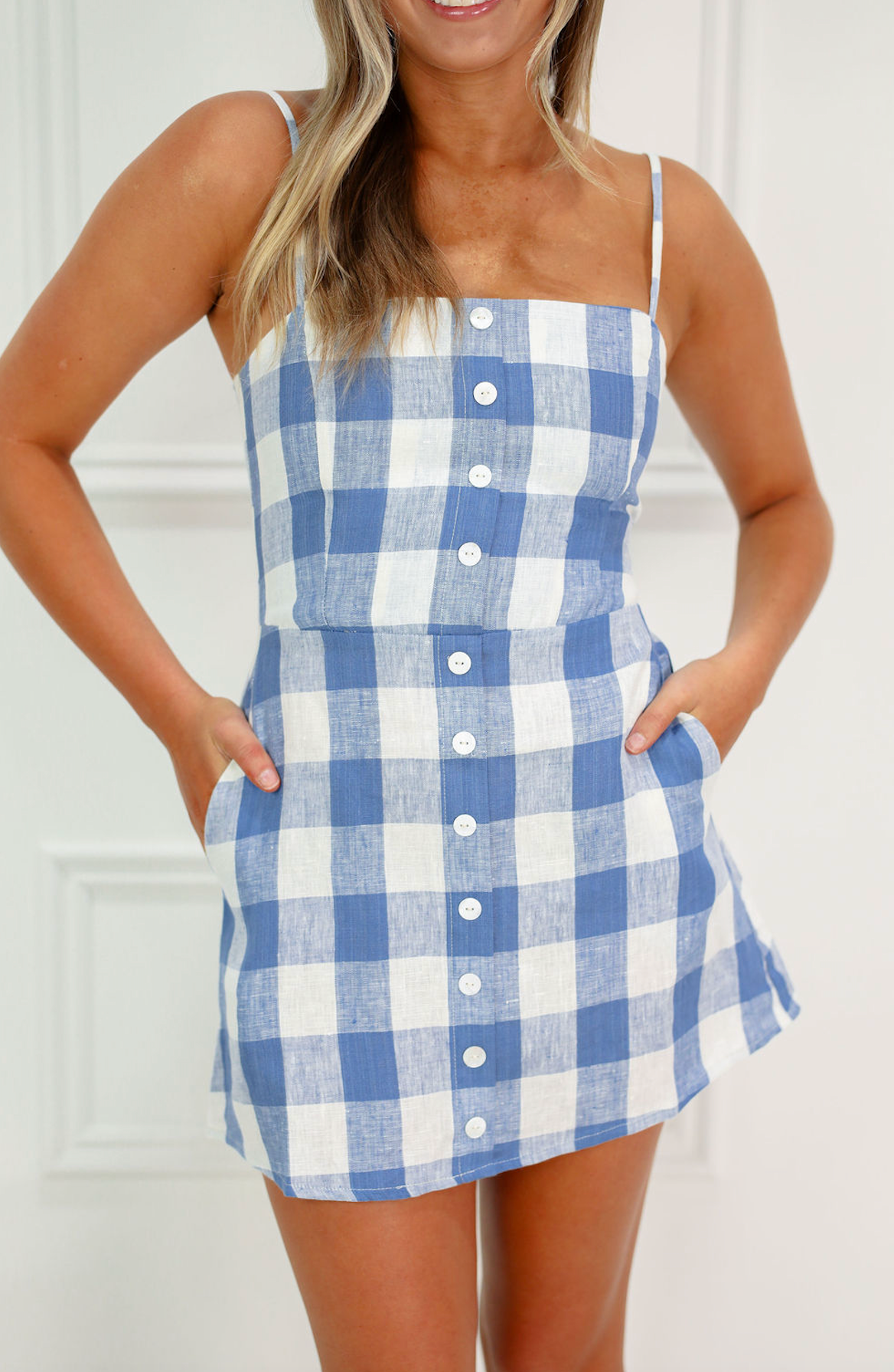 Blue Gingham Buttons Dress