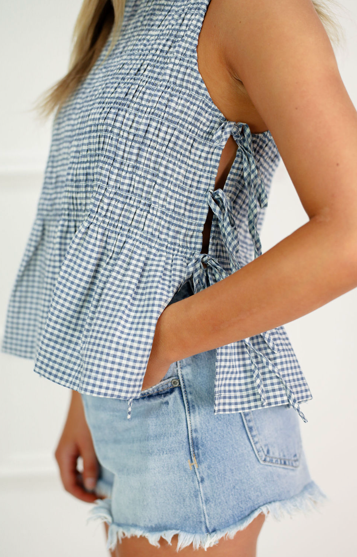 Gingham Smock Tie Tank Blue