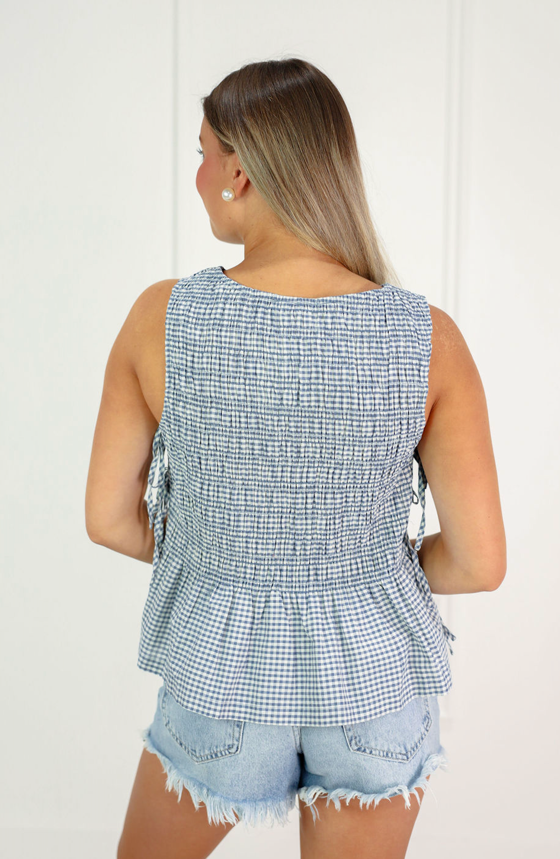 Gingham Smock Tie Tank Blue