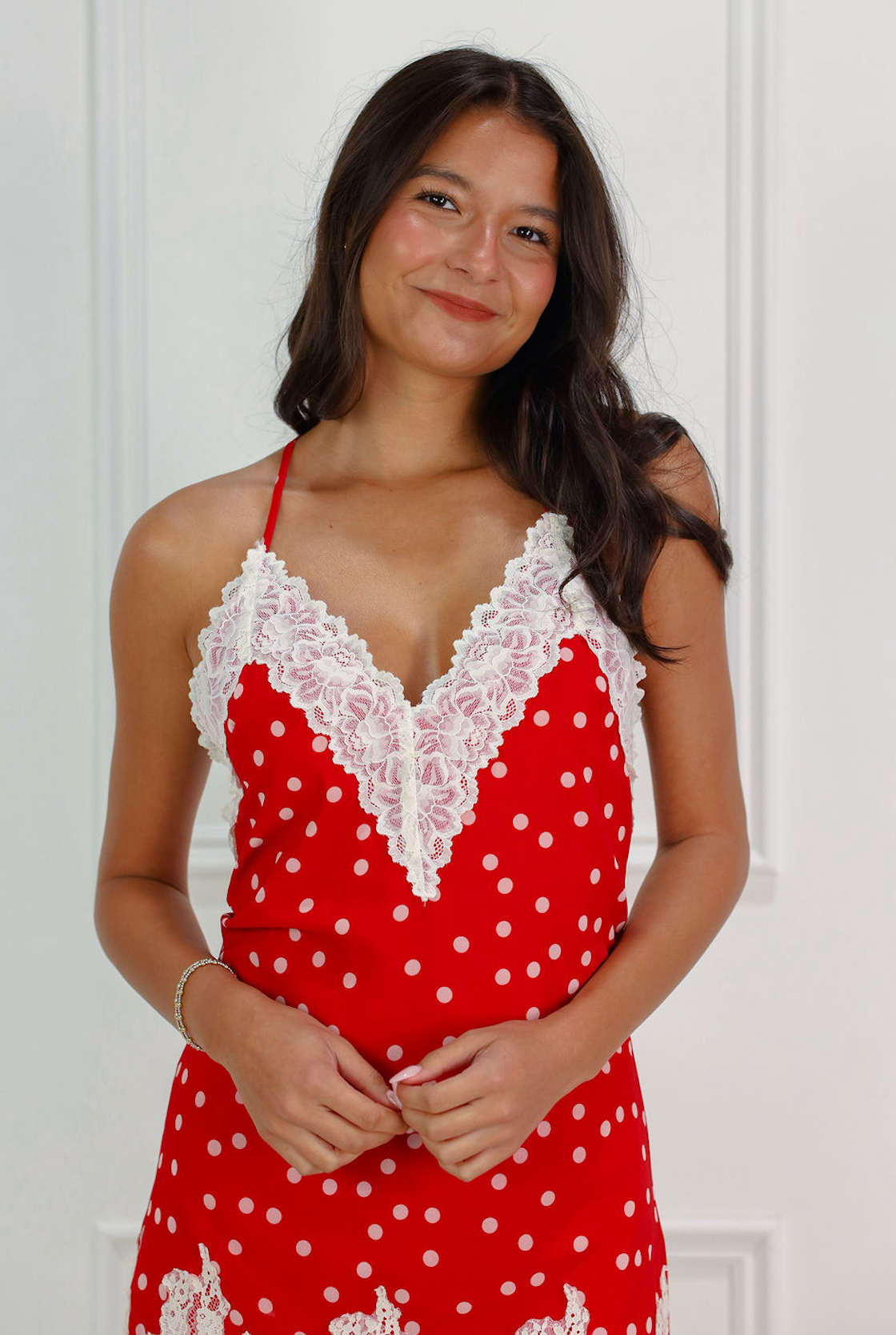 Lace Hem Polka Dot Dress Red